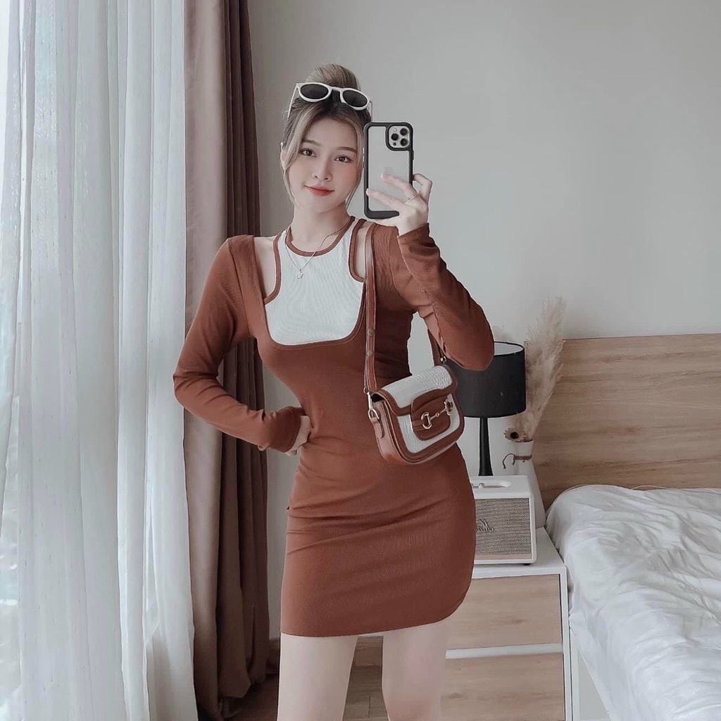 Đầm tay dài phối yếm bản viền màu khoét 2 bên vai ôm body cực xinh , chất thun gân mềm mịn