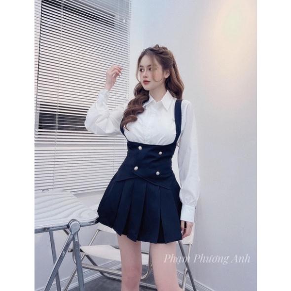 Set váy yếm + sơ mi trắng cực xinh Về sẵn tại shop hai màu đen và đỏ Chân váy hai lớp _hàng sẵn