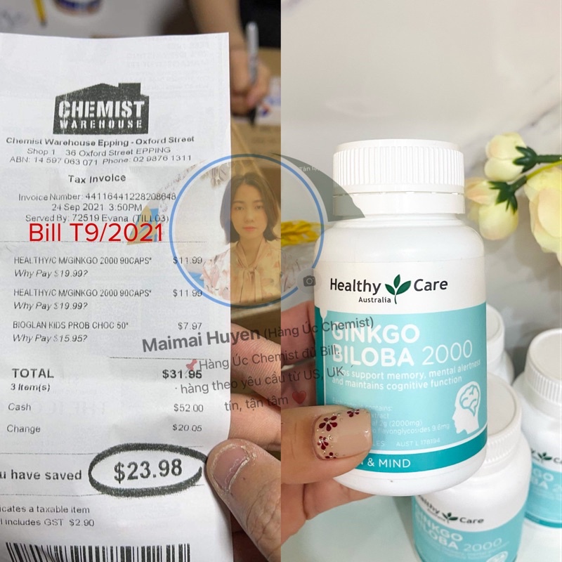 Viên Uống Bổ Não GinkGo Biloba 2000 Healthy care Úc 100 Viên