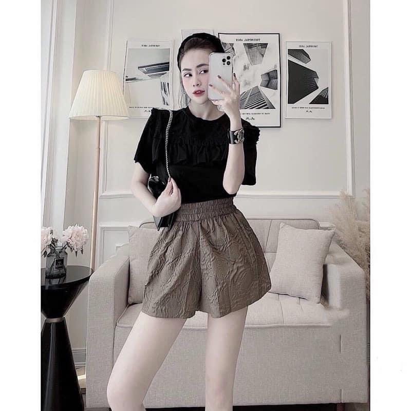 Quần sooc cạp chun dáng bồng chất xốp hoa nổi Ulzzang