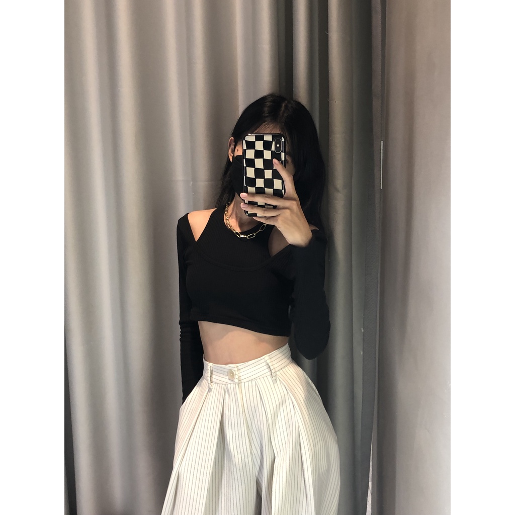 Áo croptop layer 2 lớp tay dài, màu đen, là min - DOUBLE LAYER TOP - BLACK