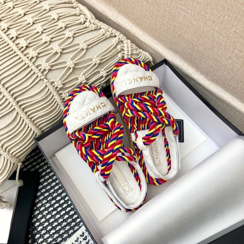 Sandal nữ đế bằng quai thiết kế giống dây thừng thương hiệu 𝘾𝙝𝙖𝙣𝙚𝙡 Channel CN da thật cao cấp