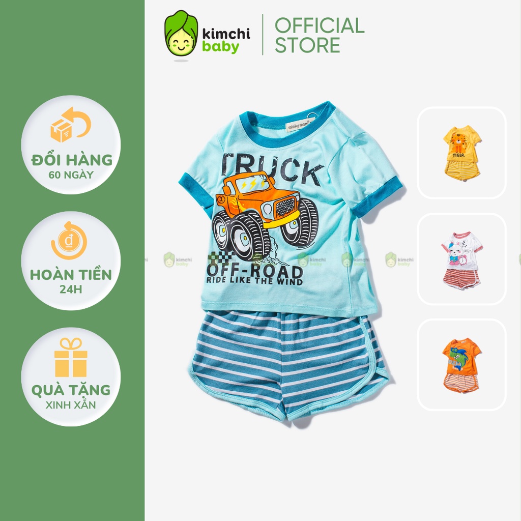 Bộ Cộc Tay Cho Bé Trai, Bé Gái Minky Mom Vải Thun Lạnh Hoạ Tiết Cá Mập Quần Kẻ, Bộ Quần Áo Trẻ Em Mặc Nhà MKM2243