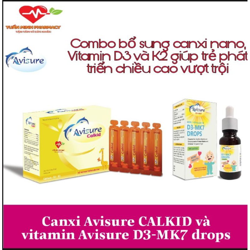 Avisure Calkid và Avisure D3-MK7 drops - bổ sung canxi nano, vitamin D3, K2 và PP giúp bé cao lớn vượt trội