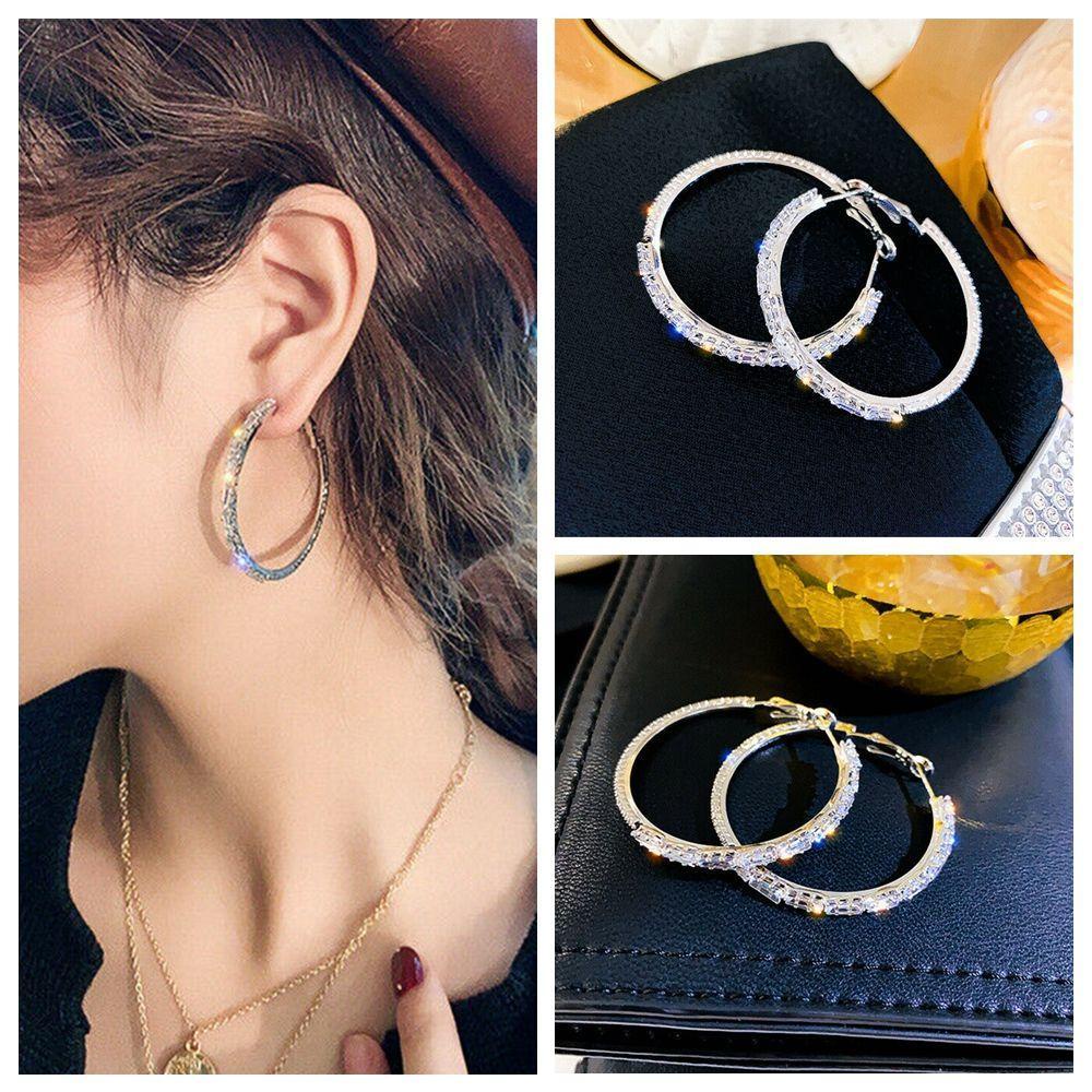 Bông Tai Hình Tròn Đính Đá Sapphire Trắng Thanh Lịch Thời Trang