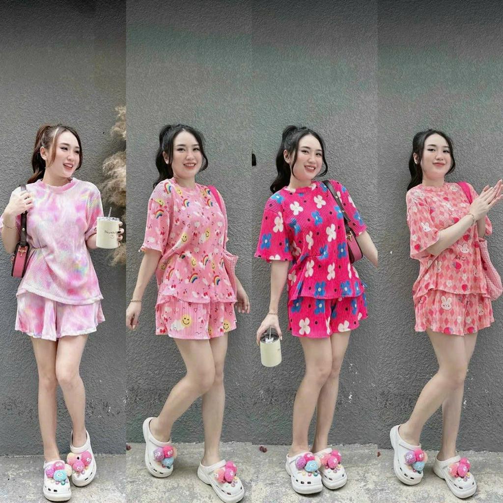 Set bộ đồ nữ, set đồ nữ tay ngắn phối quần đùi chất liệu thun gân co dãn thoải mái màu sắc tươi mới mặc nhà đi chơi