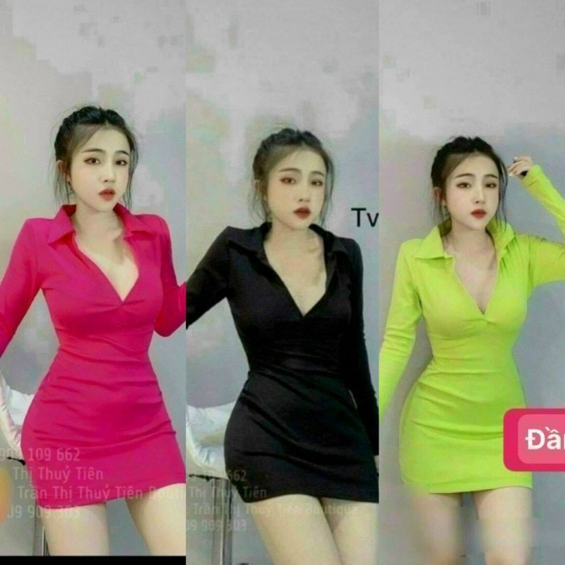Đầm thun borip cổ trụ xẻ sâu hở ngực tay dài ôm body LL