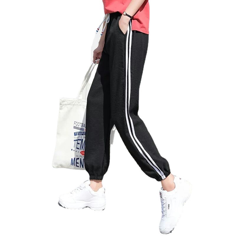 Quần thể thao sọc nữ  quần thể thao ống rộng đen/ trắng/kaki/hồng