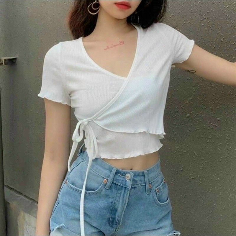 Áo croptop đắp chéo cổ tim thắt dây hông cuốn biên tay ngắn 045 FIORI STORE