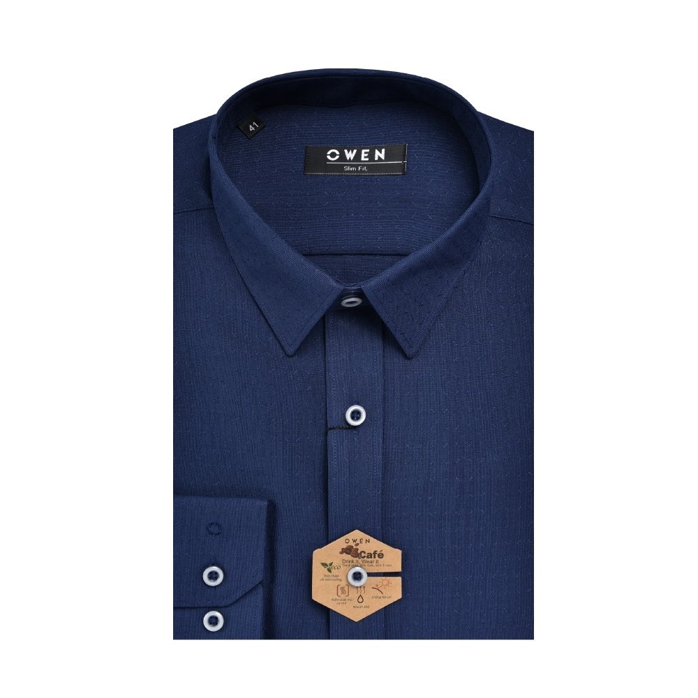 Áo Sơ Mi Nam Dài Tay Owen AS23360D Somi Công Sở Cao Cấp Màu Xanh Đậm Họa Tiết Chìm Dáng Ôm Không Túi Vải Cafe Mềm Mát