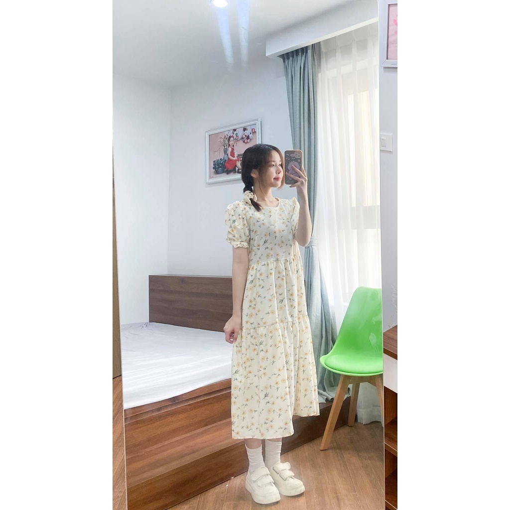 Váy babydoll hoa tầng cổ tròn tay ngắn ulzzang - Đầm hoa nhí tầng tay ngắn