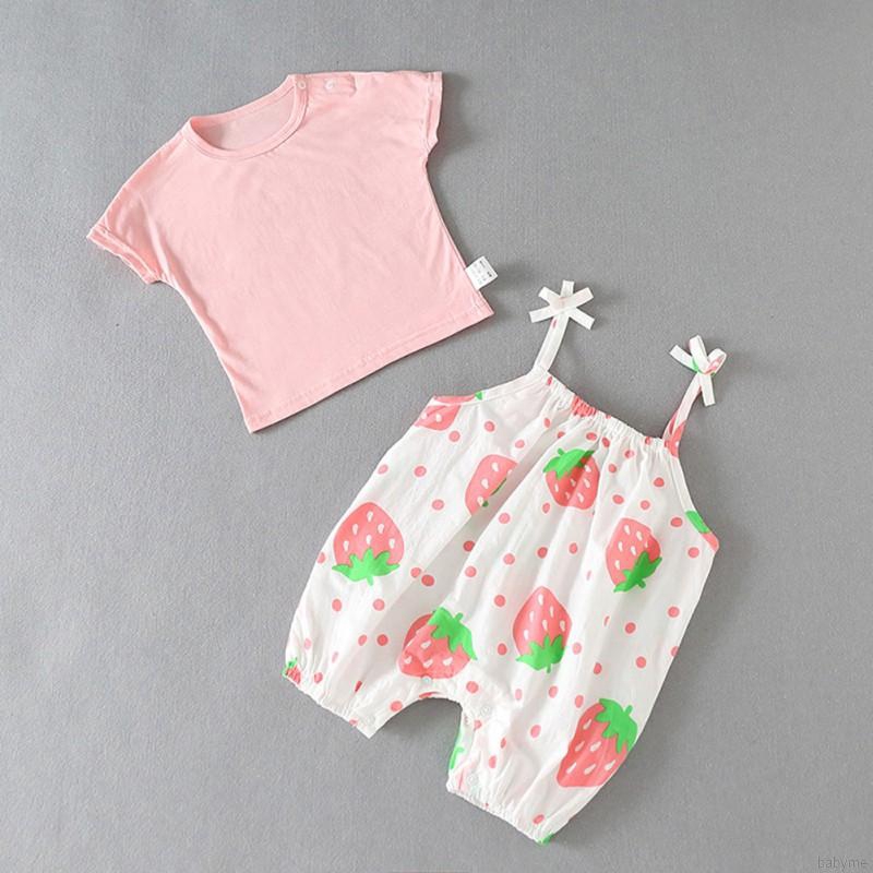 ♕ babyme ღ Baby Girl Cotton T-shirt + Sling Shorts Romper Jumpsuit Set