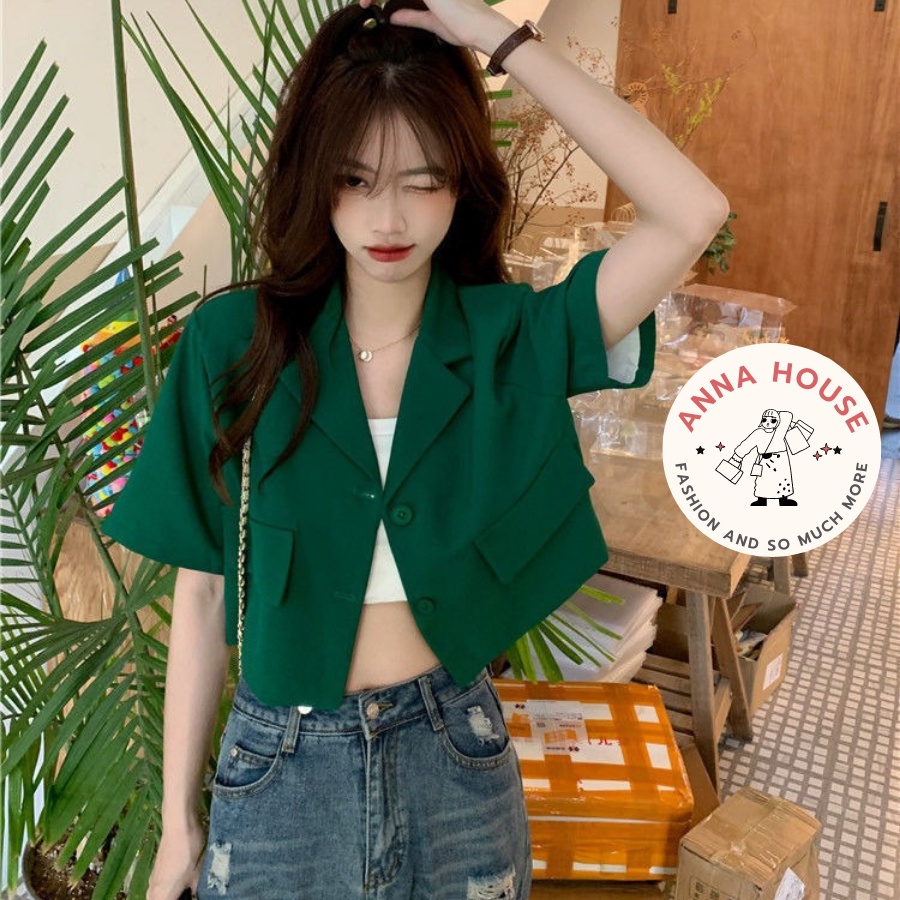 Áo khoác Blazer nữ dáng croptop ngắn tay form rộng cổ vest túi nắp, Áo blazer nữ khoác ngoài dáng ngắn cộc tay cổ vest | BigBuy360 - bigbuy360.vn