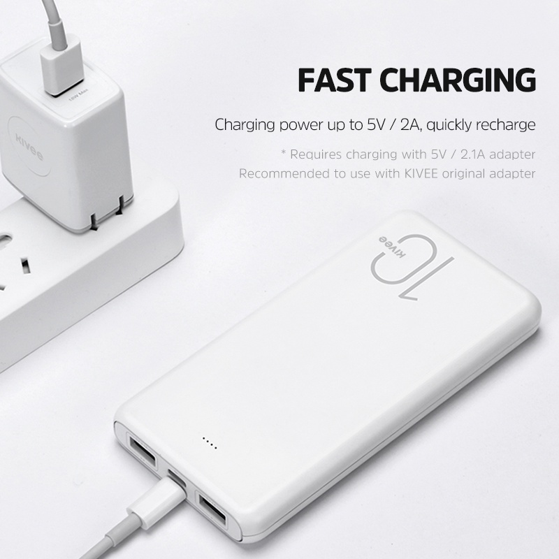 Sạc dự phòng Kivee 10000mAh di động nhỏ siêu bền bảo hành 6 tháng đầu ra USB kép đầu vào kép+màn hình LED