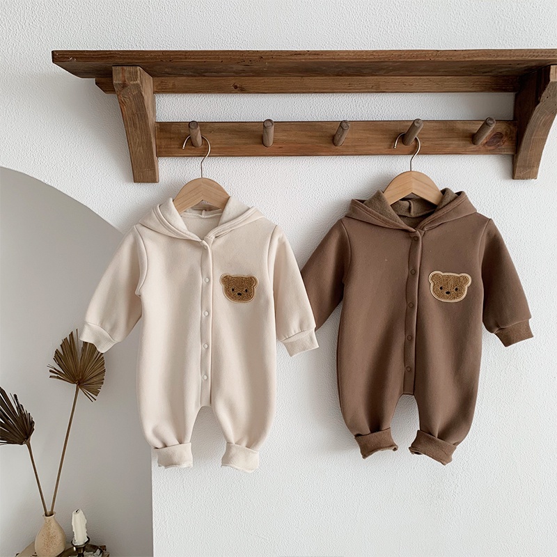 Bộ Đồ Ngủ Liền Thân Tay Dài Bằng Vải Cotton In Họa Tiết Gấu Dễ Thương Phong Cách Hàn Quốc Cho Bé