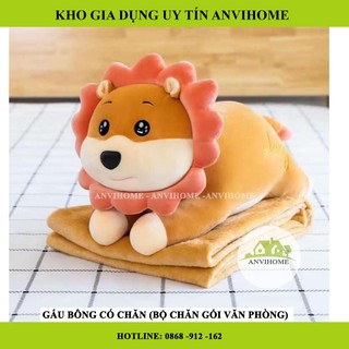 Bộ chăn gối văn phòng hình sư tử, thỏ, khỉ, ếch ANVIHOME - Set gấu bông có mền Squid Game/ Mèo Hoàng Thượng/ Rùa