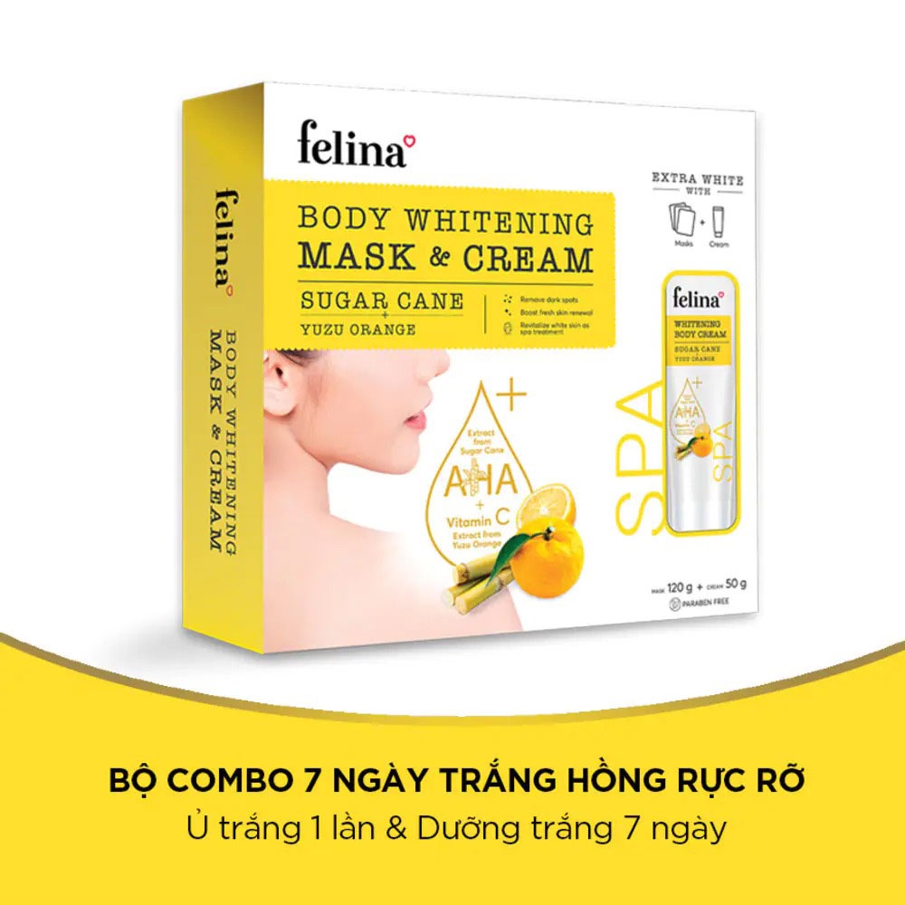 Combo Felina Yuzu Orange Body Mask (Mặt Nạ Ủ Trắng 120g + Kem Dưỡng Trắng Da 50g)