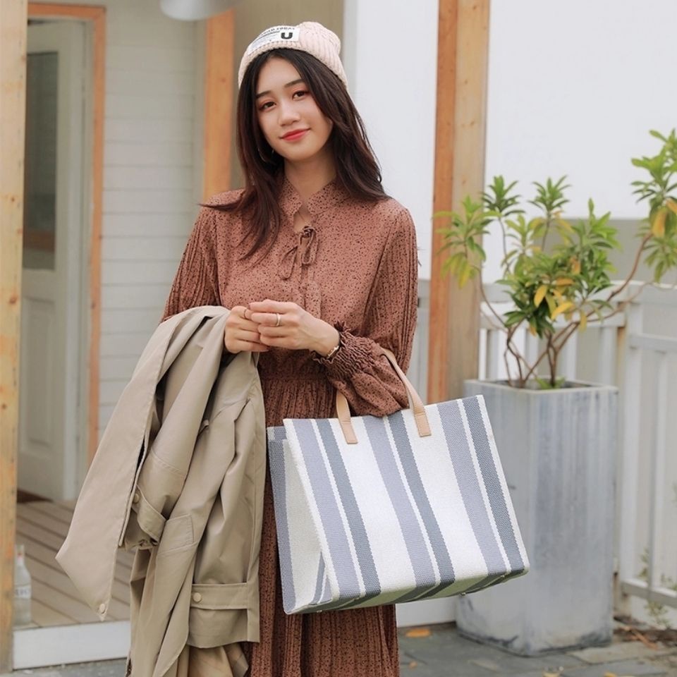 Túi Xách Canvas Cỡ Lớn Họa Tiết Kẻ Sọc Thời Trang Cho Học Sinh