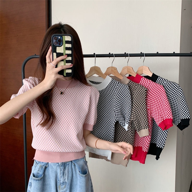 Áo dệt kim Pure Cube ngắn tay họa tiết kẻ sọc caro màu sắc tương phản thời trang mùa hè cho nữ