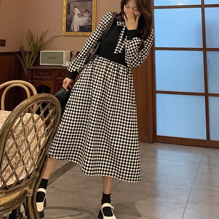 Đầm Dài Tay Họa Tiết Ca Rô Phong Cách Cổ Điển Thanh Lịch Dành Cho Nữ