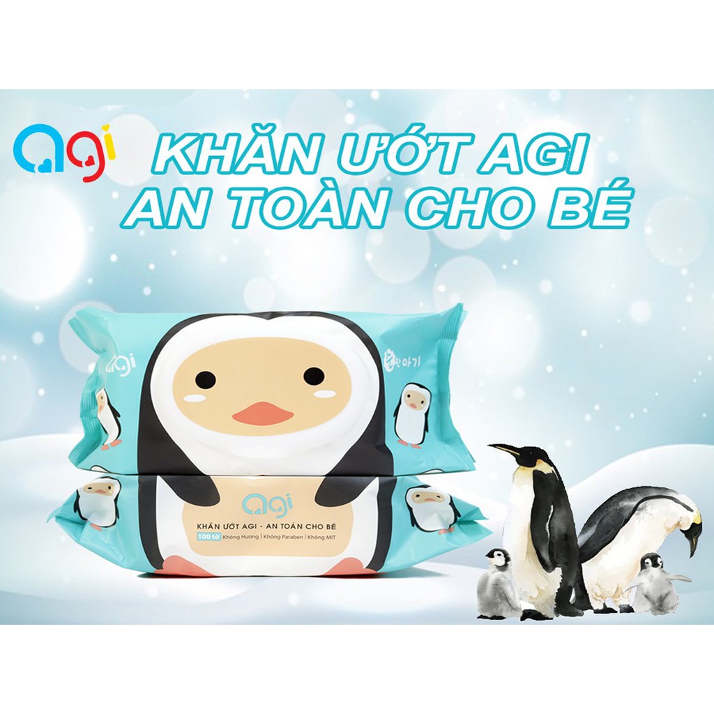 Khăn giấy ướt Agi, KHÔNG MÙI, 100 tờ, KHÔNG CỒN, an toàn cho bé yêu