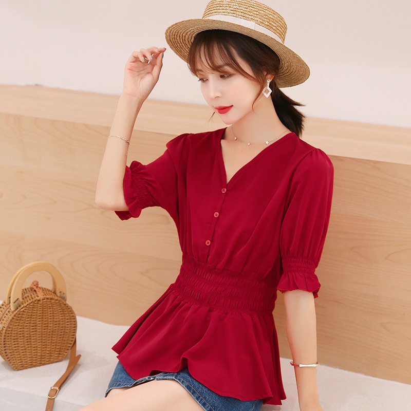 Áo Sơ Mi Cổ Chữ V Ôm Eo Phong Cách Hàn Quốc Thời Trang Mùa Hè Cho Nữ