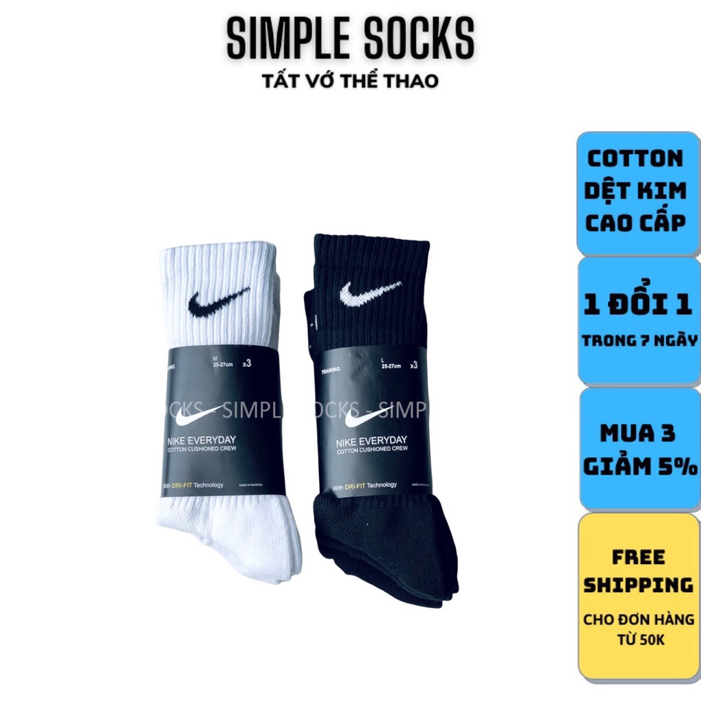 Pack 3 Đôi Vớ Nike Chính Hãng🍓FREESHIP🍓Tất Nike Dri Fit Cổ Cao 2 Màu Đen,Trắng - Chất Cotton Thấm Hút Mồ