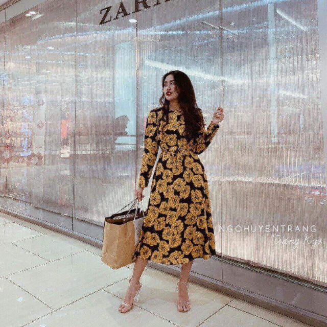 VÁY MIDI LỤA HOA VÀNG TOPSHOP HÀNG VNXK