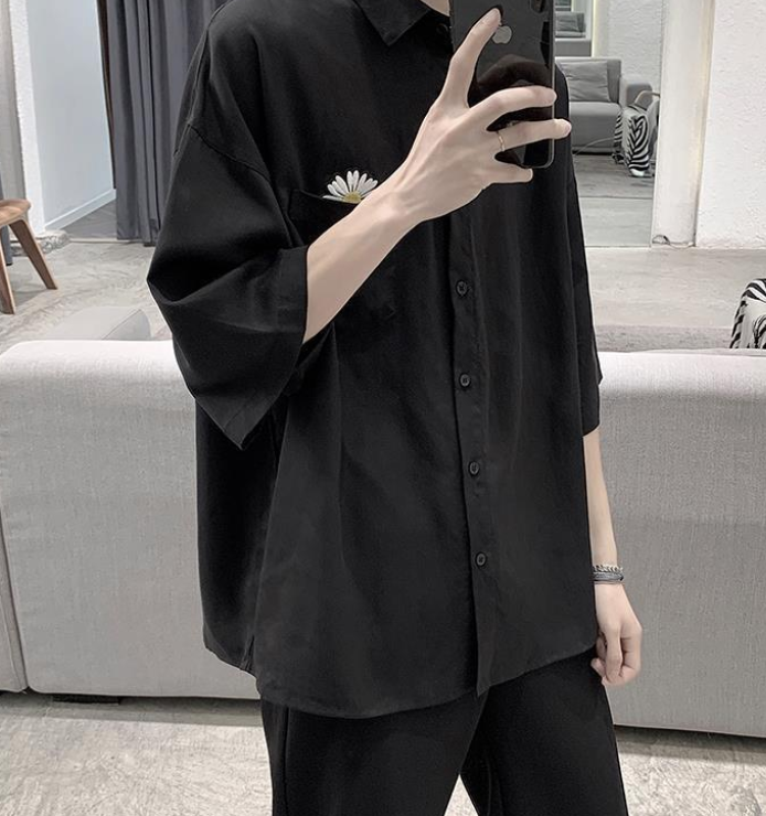 ♞AFF LIGA♞ Áo sơ mi nam ngắn tay thêu hình hoa cúc