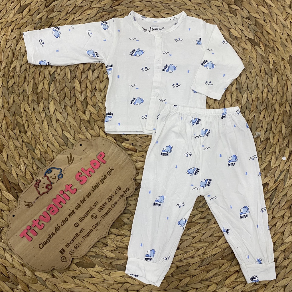 Bộ dài avalew peptit CÚC GIỮA trắng họa tiết, bộ dài tay cài giữa cho bé gái, bé trai