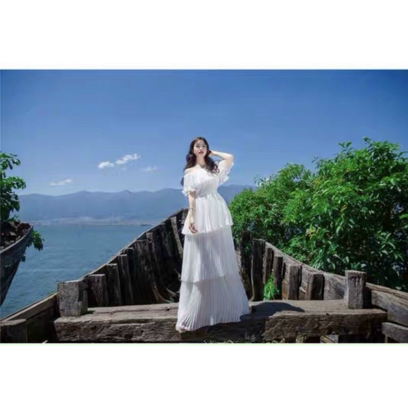 đầm maxi xếp ly bẹt vai hai màu | BigBuy360 - bigbuy360.vn