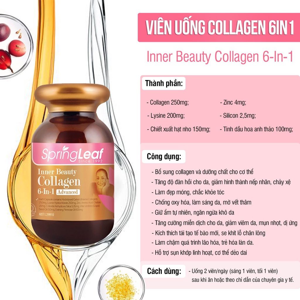 Viên collagen Spring Leaf Inner Beauty collagen 6-in-1 Advanced chính hãng Úc 90v chống lão hóa đẹp da