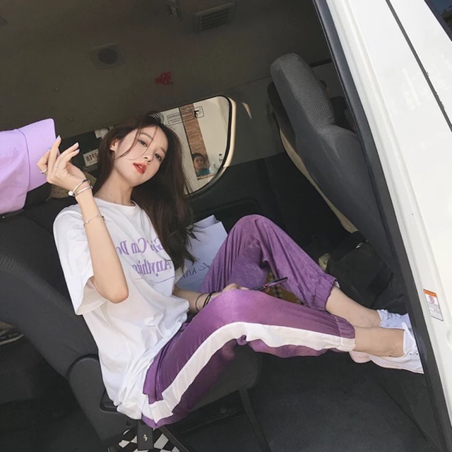 Set thể thao áo trắng + quần tím