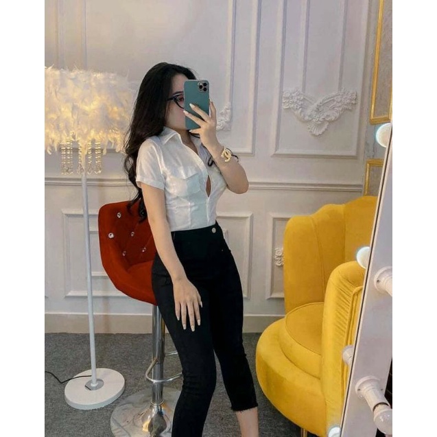 Áo sơ mi tay ngắn xanh lá cam trắng