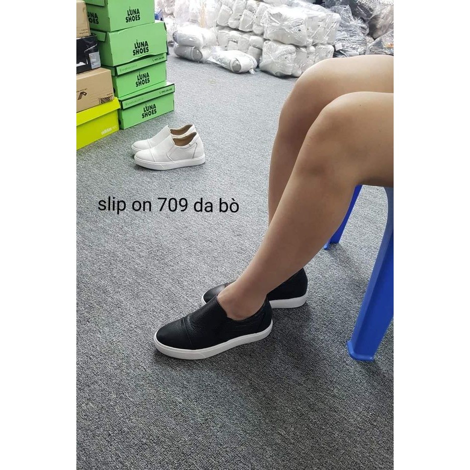 Giày lười nữ, slip on Lunashoes (709) da bò thật mềm đế cao su cao 5p cực đẹp hack chiều cao giầy trung niên cho mẹ