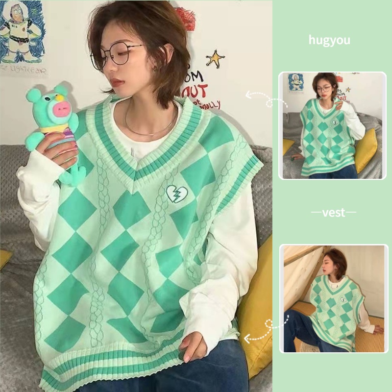 Áo không tay cổ chữ V thiết kế màu sắc tương phản họa tiết ô vuông thời trang dành cho cặp đôi