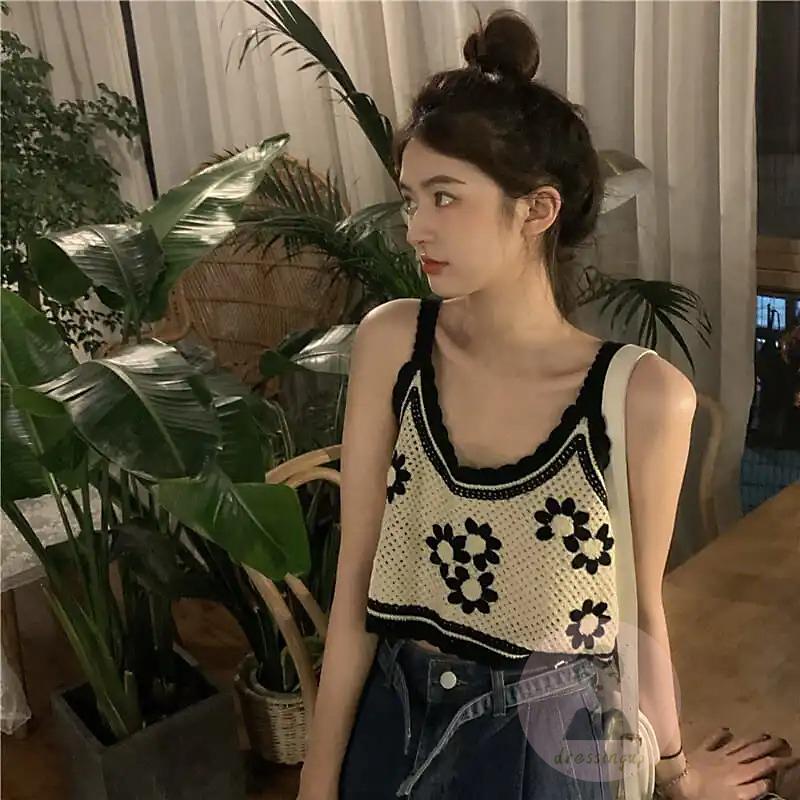 DRE-Women Summer Knitted Camisole,Flower Embroidery Sleeveless Sling Tank Tops