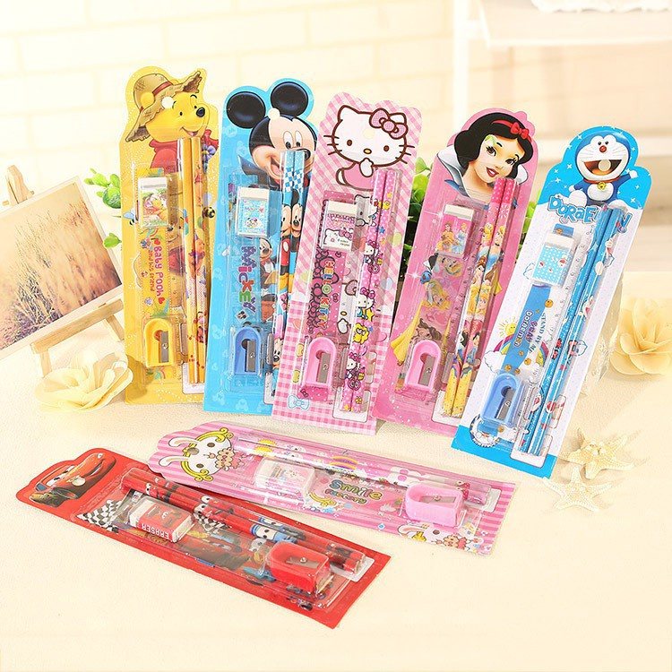 Bộ dụng cụ học tập 5 món gồm bút chì + tẩy + thước + đồ chuốt cho bé🍀 Clovershop68 🍀