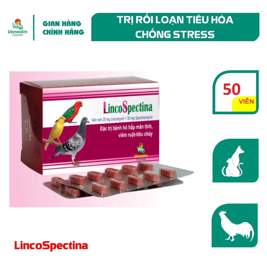 Vemedim Lincospectina dùng cho chim cảnh, gà cảnh hô hấp, tiêu hóa, hộp 50 viên