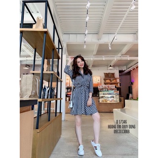 Đầm Cổ Bẻ Caro Cột Eo
