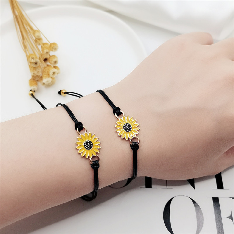Bộ 2 Vòng Tay/Vòng Tay Dây Bện Mặt Hoa Hướng Dương/Trái Tim Có Thể Điều Chỉnh Thời Trang Cặp Đôi/ Bạn Bè/ Bạn Bè