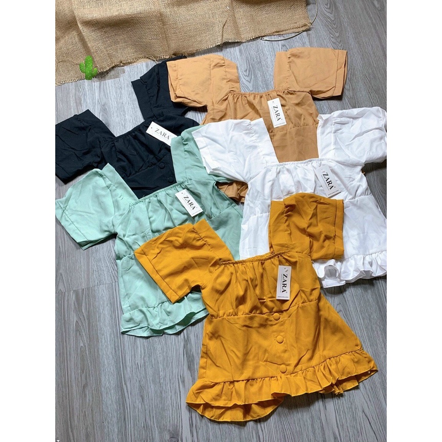 áo kiểu bẻo đính nút cổ vuông ngắn tay