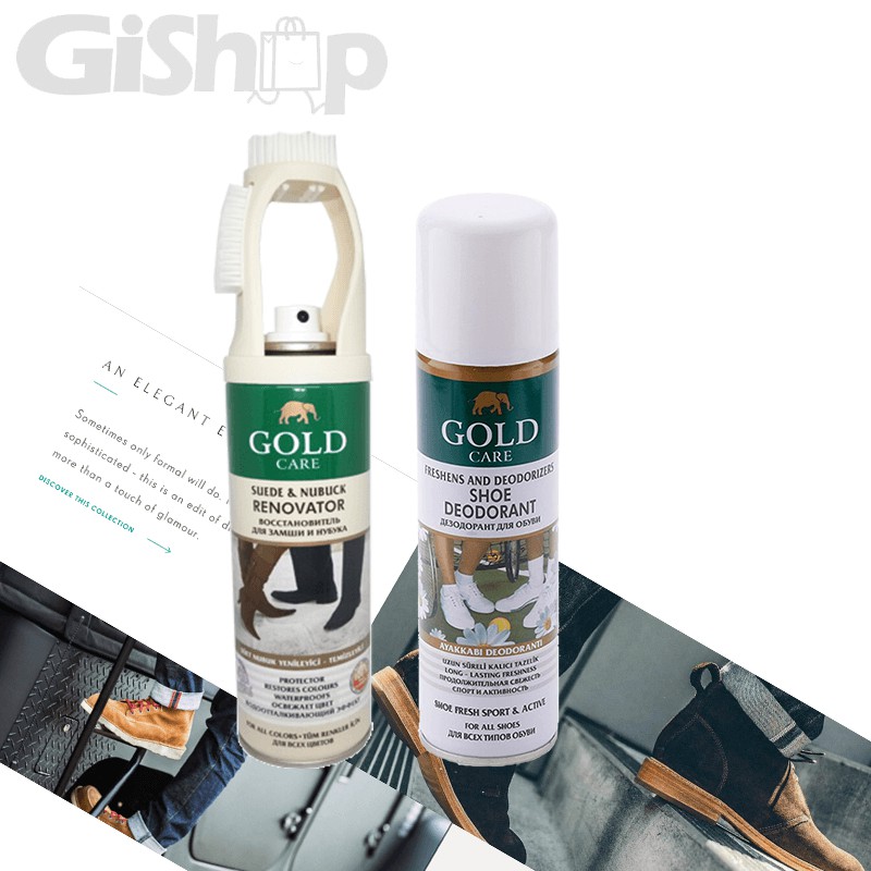 COMBO CHĂM SÓC GIÀY GIÀNH CHO DA LỘN GỒM CHẤT BẢO VỆ DA, GIÀY GOLDCARE GC3001 (250ML) MÀU TỰ NHIÊN VÀ XỊT KHỬ MÙI GC3003