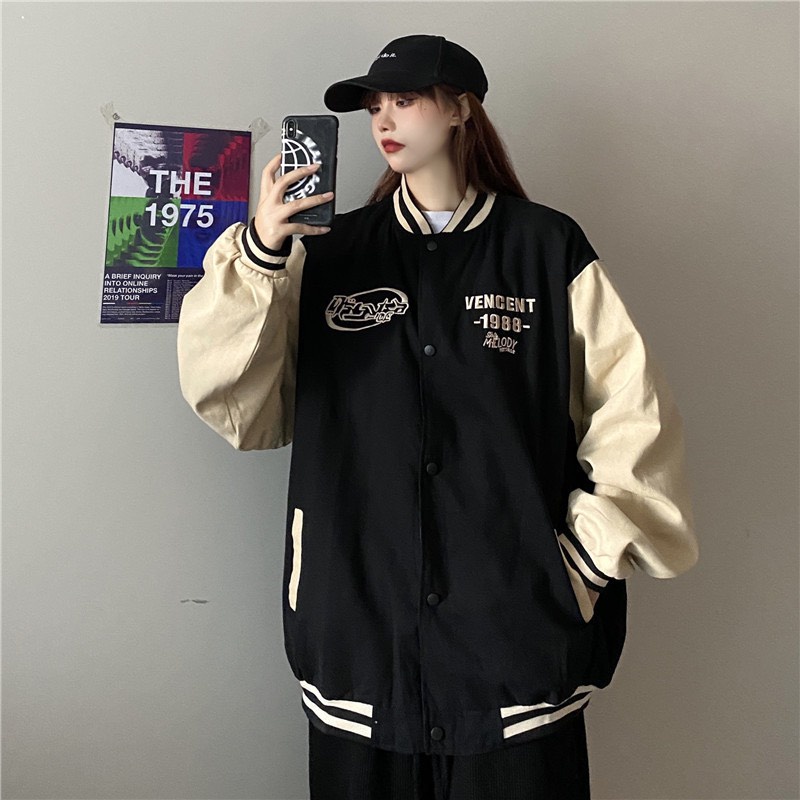 Áo Khoác Bóng Chày 2 Lớp, ⚡ Ulzzang Áo Bomber Nam Nữ Chất Liệu Kaki Nót Gió Phong Cách Hàn Quốc From Rộng Dáng Thụng