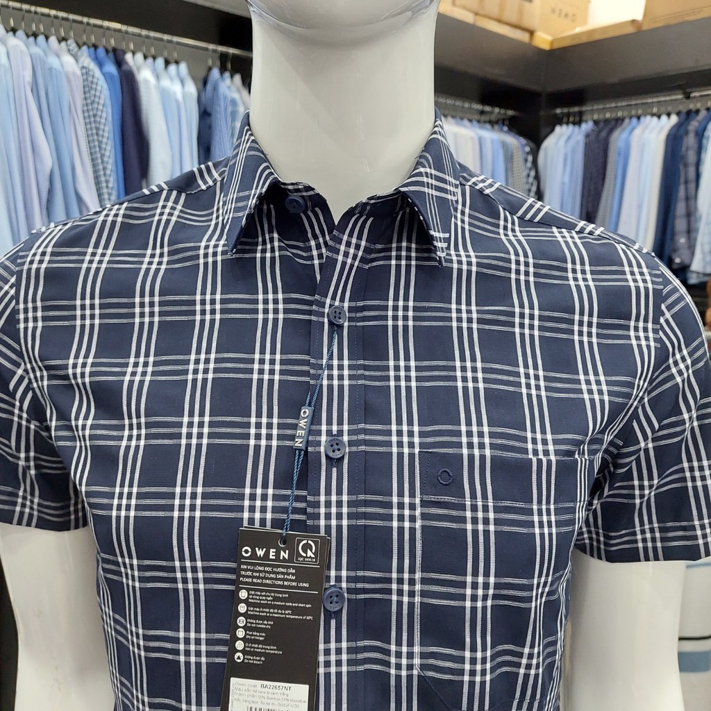 Áo Sơ Mi Nam Ngắn Tay Owen BA22657NT Somi Cộc Tay Công Sở Cao Cấp Kẻ Caro To Xanh Trắng Chất Sợi Tre Body Fit Tà Bằng | BigBuy360 - bigbuy360.vn