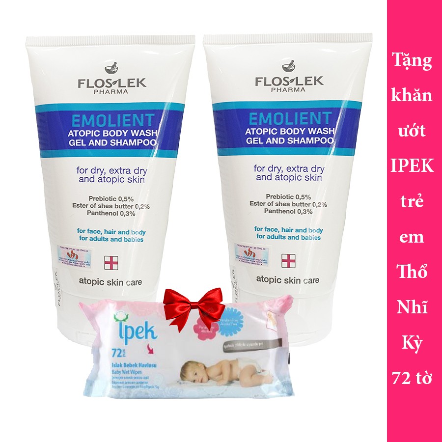 Combo 2 tuýp dầu gội và sữa tắm cho da cơ địa Floslek Atopic Shower Body Wash Shapoo 150ml + tặng khăn ướt IPek 72 tờ