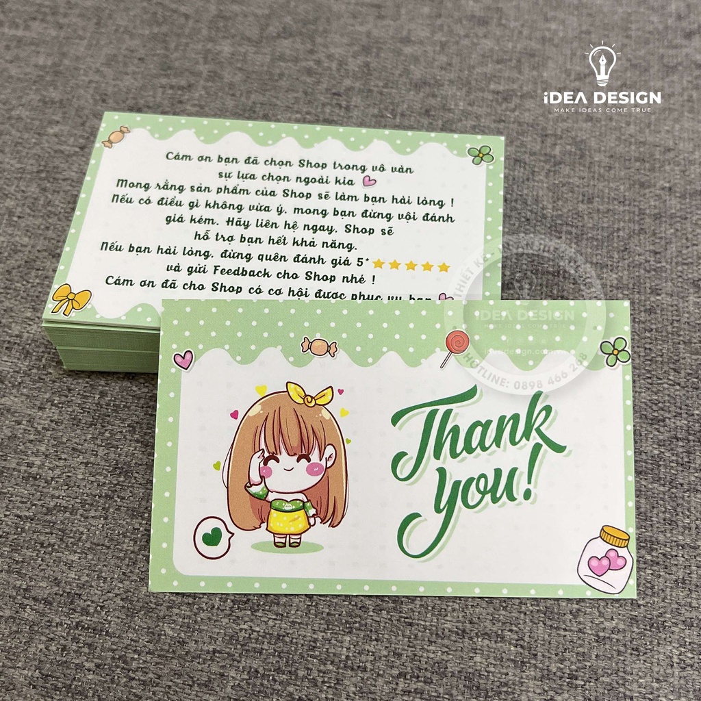 Card Cám Ơn, Card Thank You, Thiệp Cảm Ơn - Size 9x5,4cm - Giấy C300 Cán Màng Mờ 2 Mặt Hình Cô Gái Dễ Thương 4 Màu