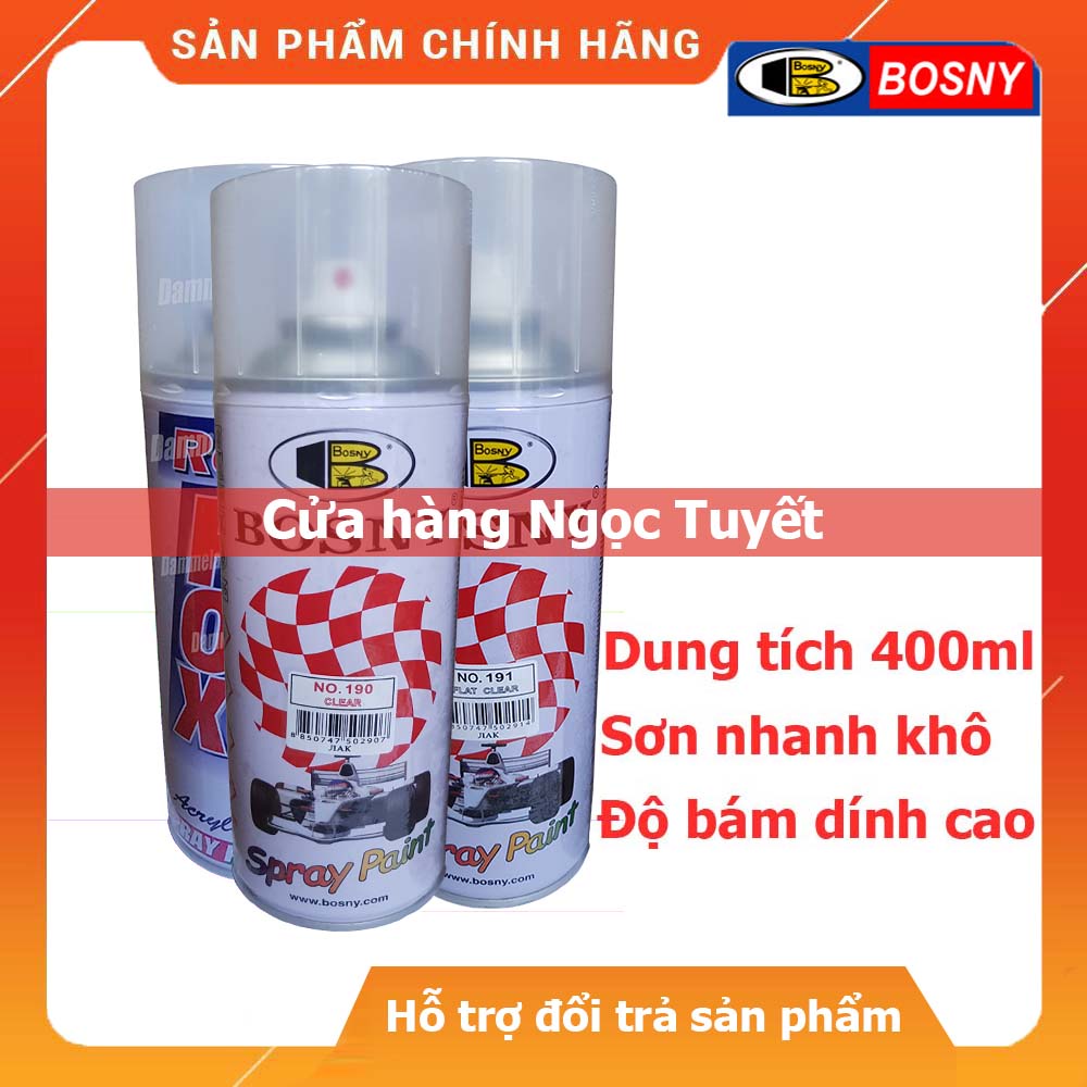 Sơn xịt bóng mờ, bóng trong bảo vệ lớp sơn Bosny No.191, no.190 dung tích 400ml