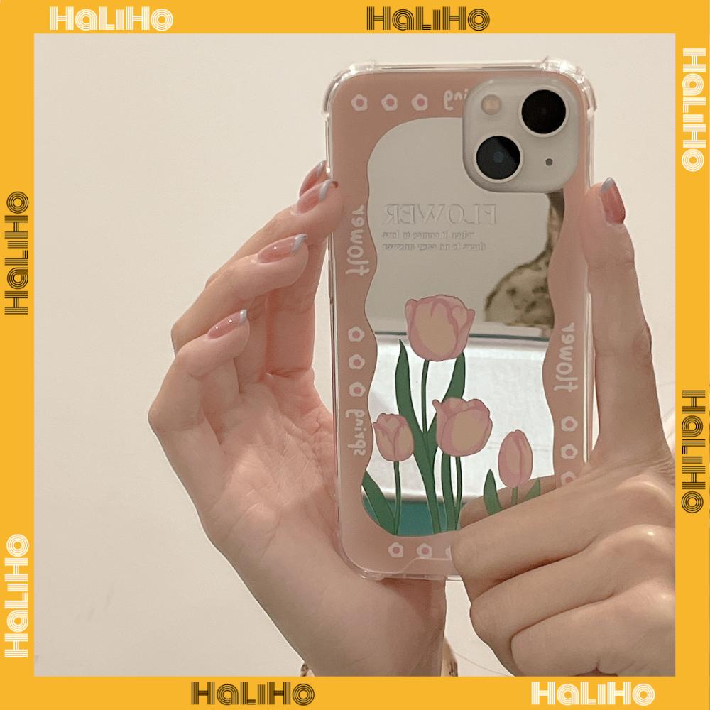 iPhone Case Acrylic HD Makeup Mirror Airbag Shockproof Protection Camera Green Pink Flowers Compatible For iPhone 11 iPhone 13 Pro Max iPhone 12 Pro Max iPhone 7 Plus iPhone xr