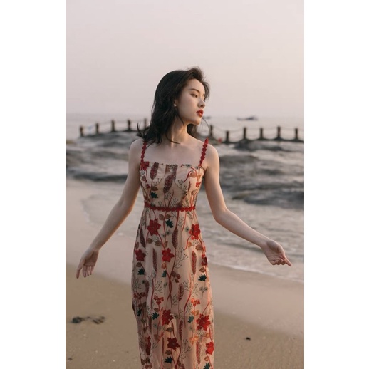 #1191  Đầm hai dây màu đỏ chất ren sexy đủ size